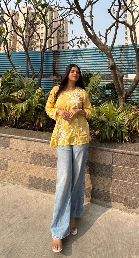“Yellow Modal Chikankari Short Kurti Top – Handcrafted Lucknowi Embroidery”
