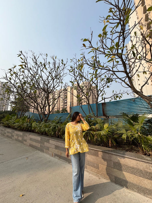 “Yellow Modal Chikankari Short Kurti Top – Handcrafted Lucknowi Embroidery”