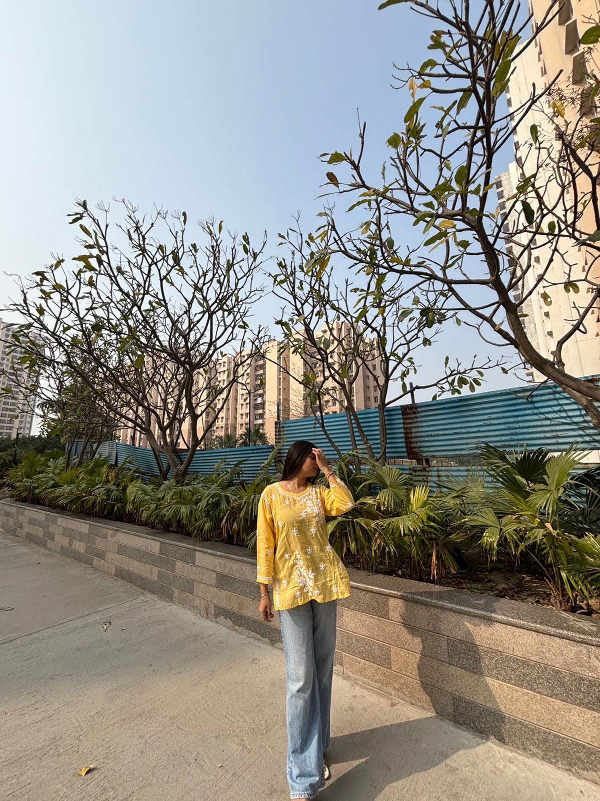 “Yellow Modal Chikankari Short Kurti Top – Handcrafted Lucknowi Embroidery”