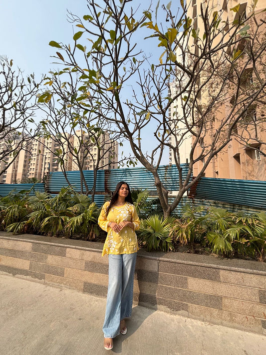 “Yellow Modal Chikankari Short Kurti Top – Handcrafted Lucknowi Embroidery”