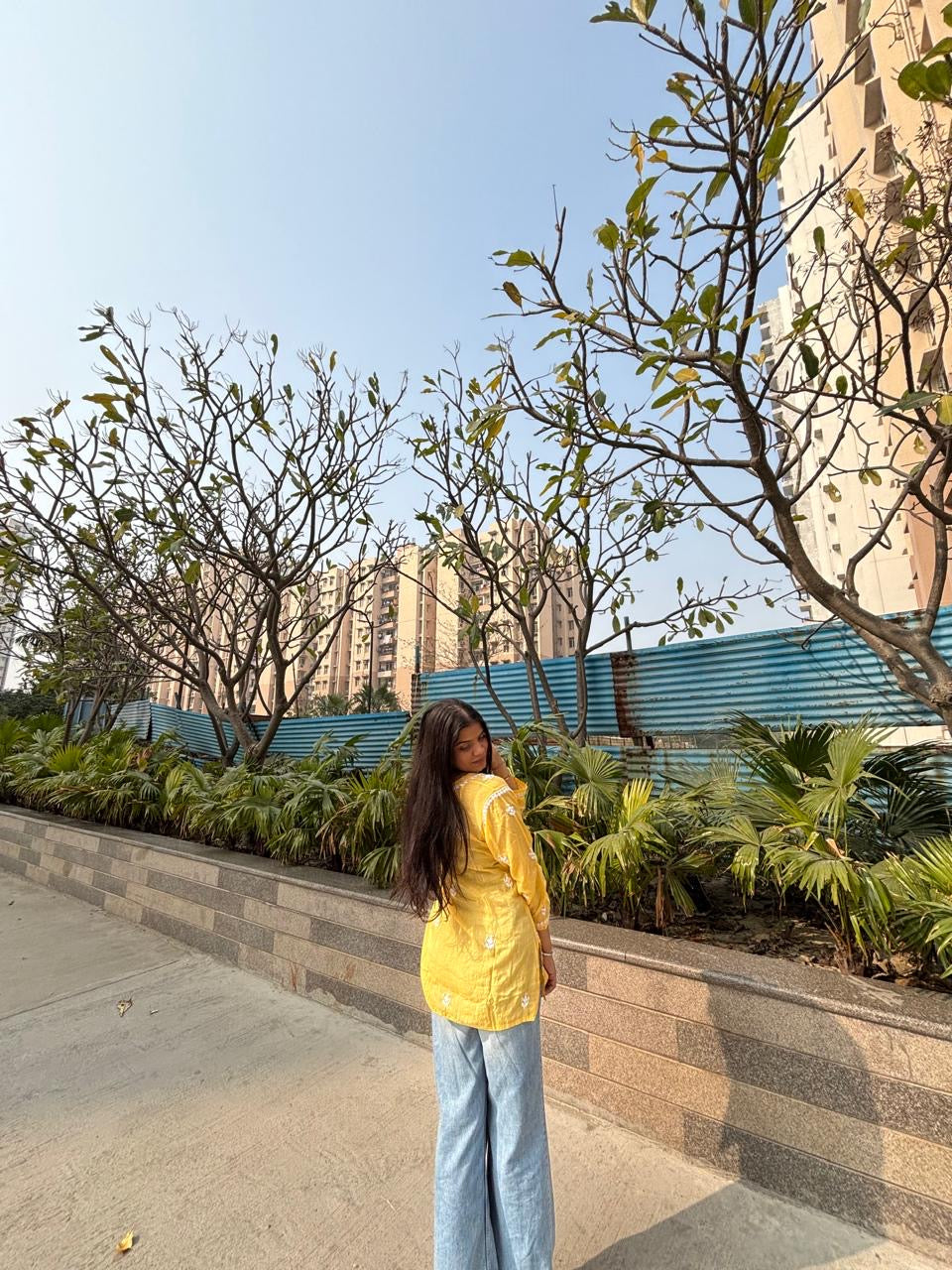 “Yellow Modal Chikankari Short Kurti Top – Handcrafted Lucknowi Embroidery”