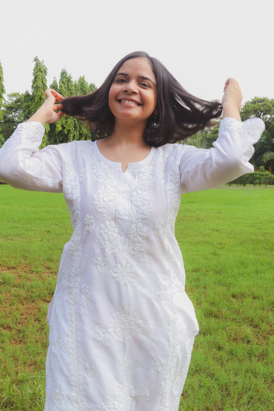 White Chanderi Afghani Set – Handcrafted Chikankari Kurta & Pants